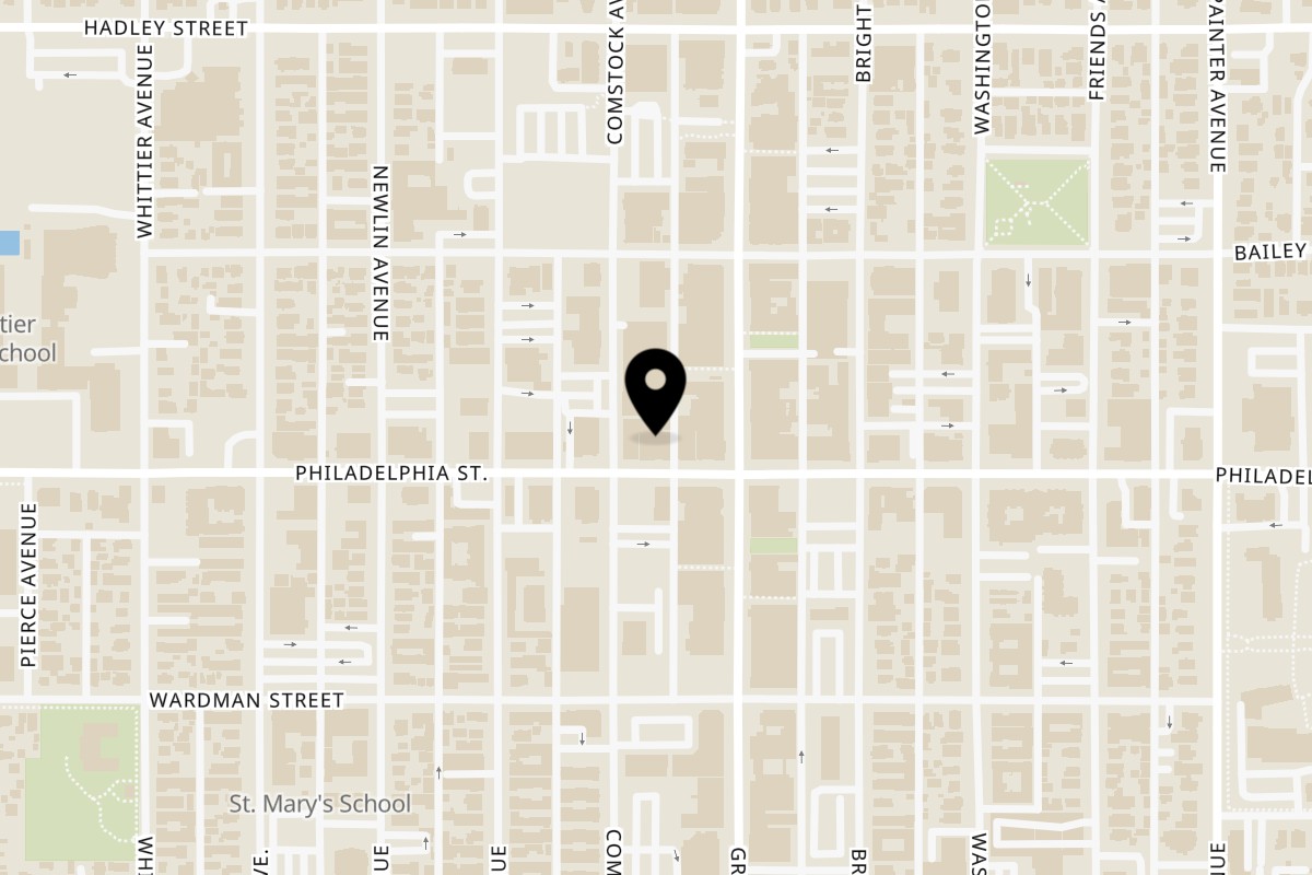 Map showing the location of Marco Polo Pizza on 12911 Philadelphia Street in Whittier